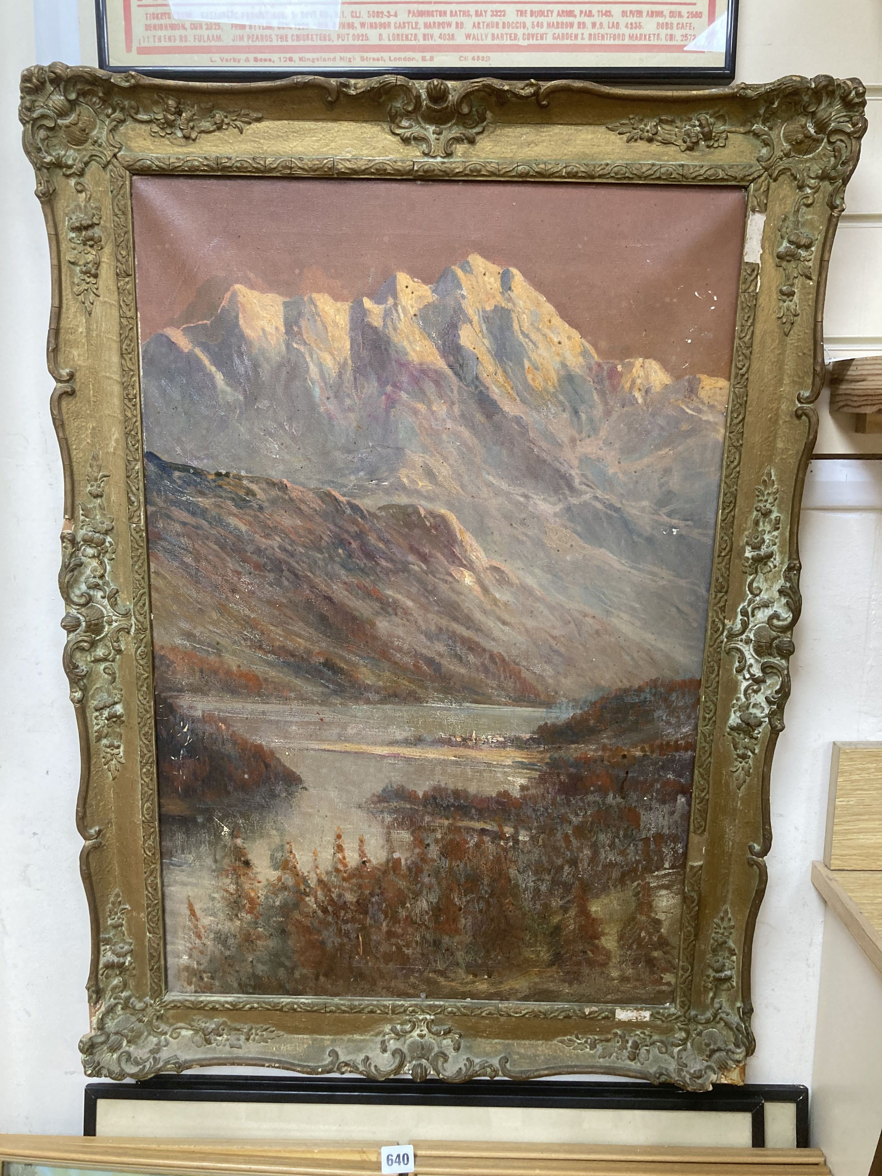 English School c.1900, oil on canvas, Alpine landscape with lakeside town, 75 x 50cm